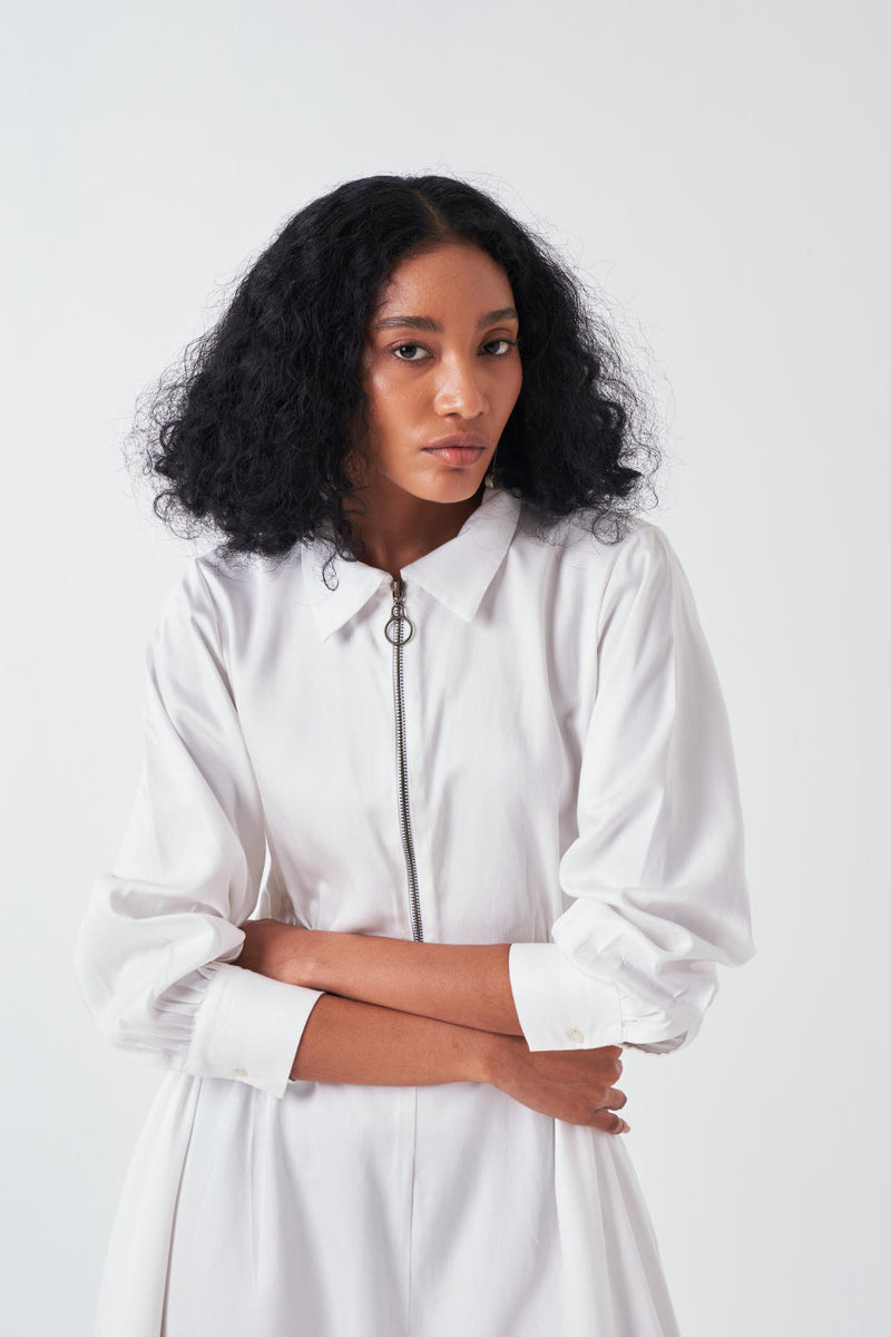 COLLARED SIDE ELASTIC WAIST JUMPSUIT-WHITE by THREE for women in Singapore