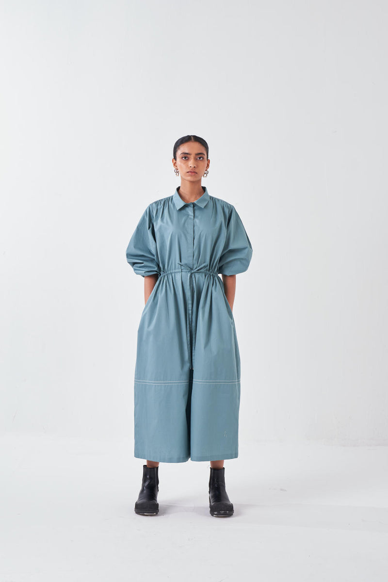 PANEL DRAWSTRING DRESS-NIAGRA BLUE poplin by THREE for women in Singapore