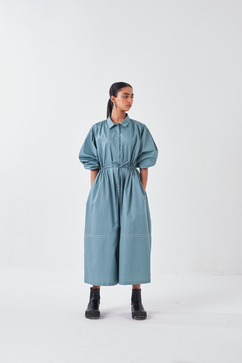 PANEL DRAWSTRING DRESS-NIAGRA BLUE poplin by THREE for women in Singapore