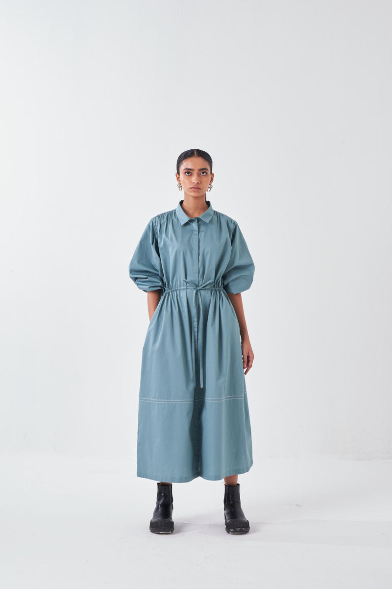 PANEL DRAWSTRING DRESS-NIAGRA BLUE poplin by THREE for women in Singapore