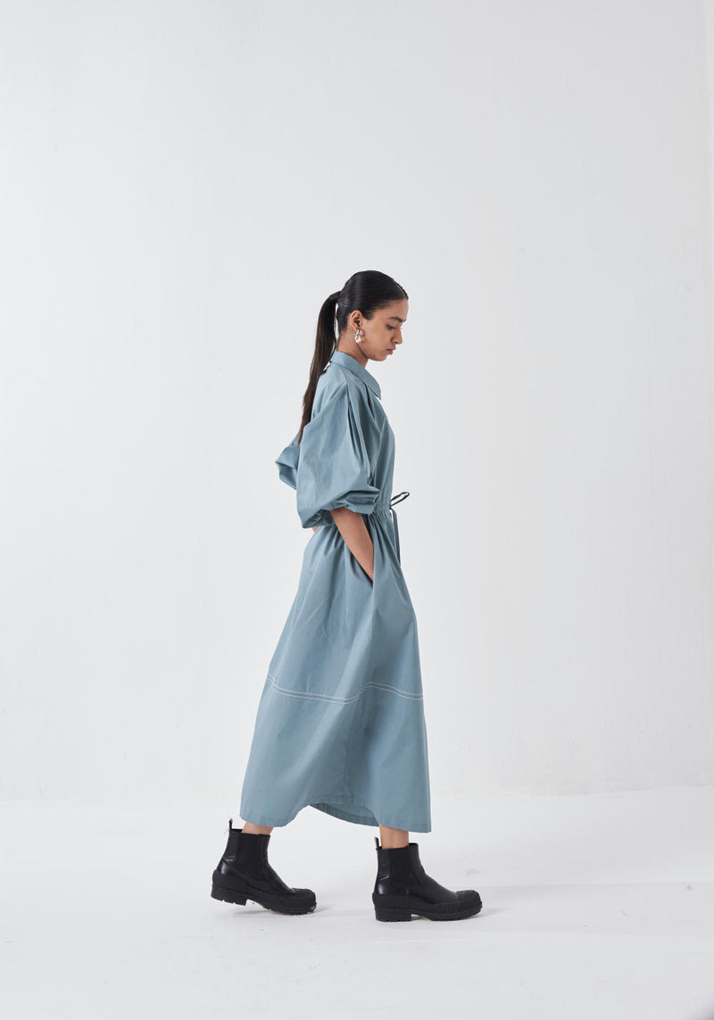 PANEL DRAWSTRING DRESS-NIAGRA BLUE poplin by THREE for women in Singapore
