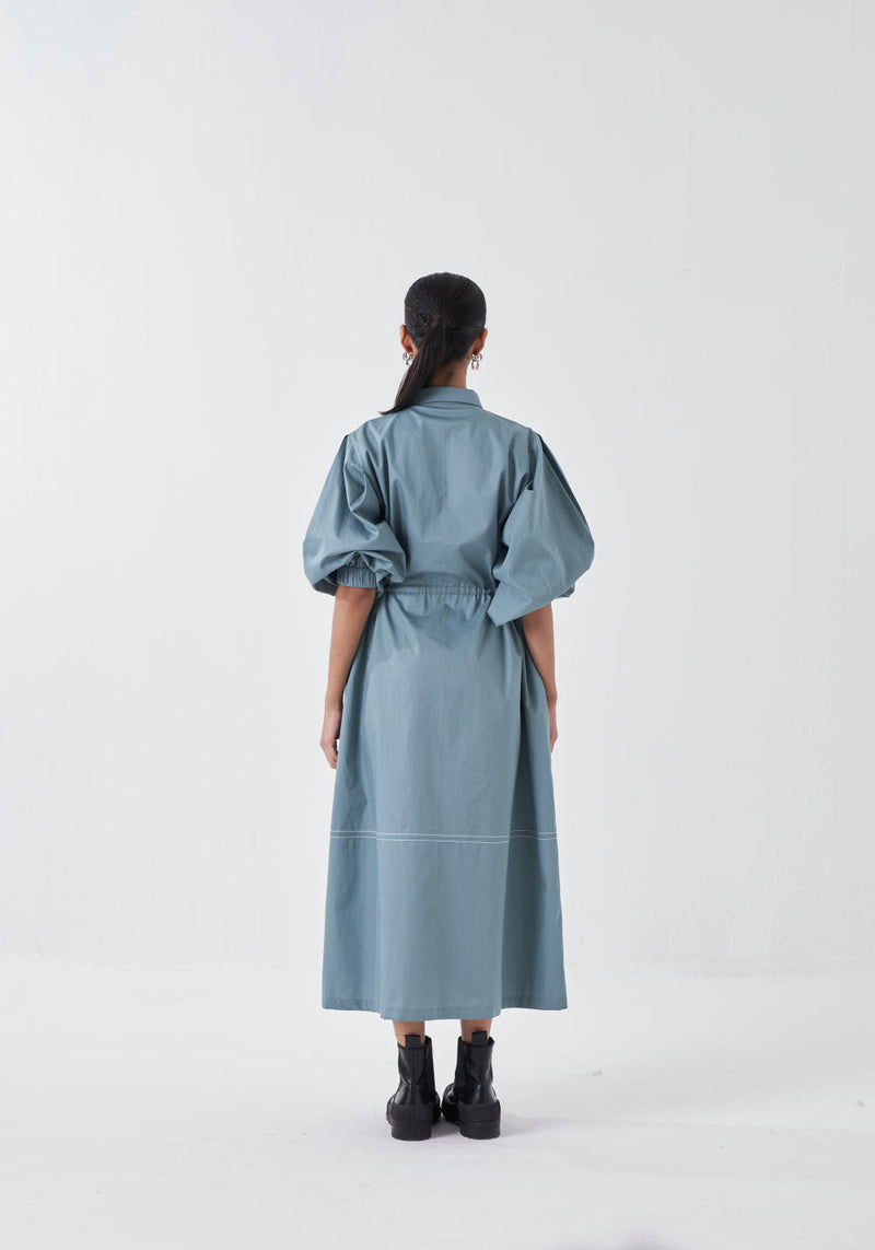 PANEL DRAWSTRING DRESS-NIAGRA BLUE poplin by THREE for women in Singapore