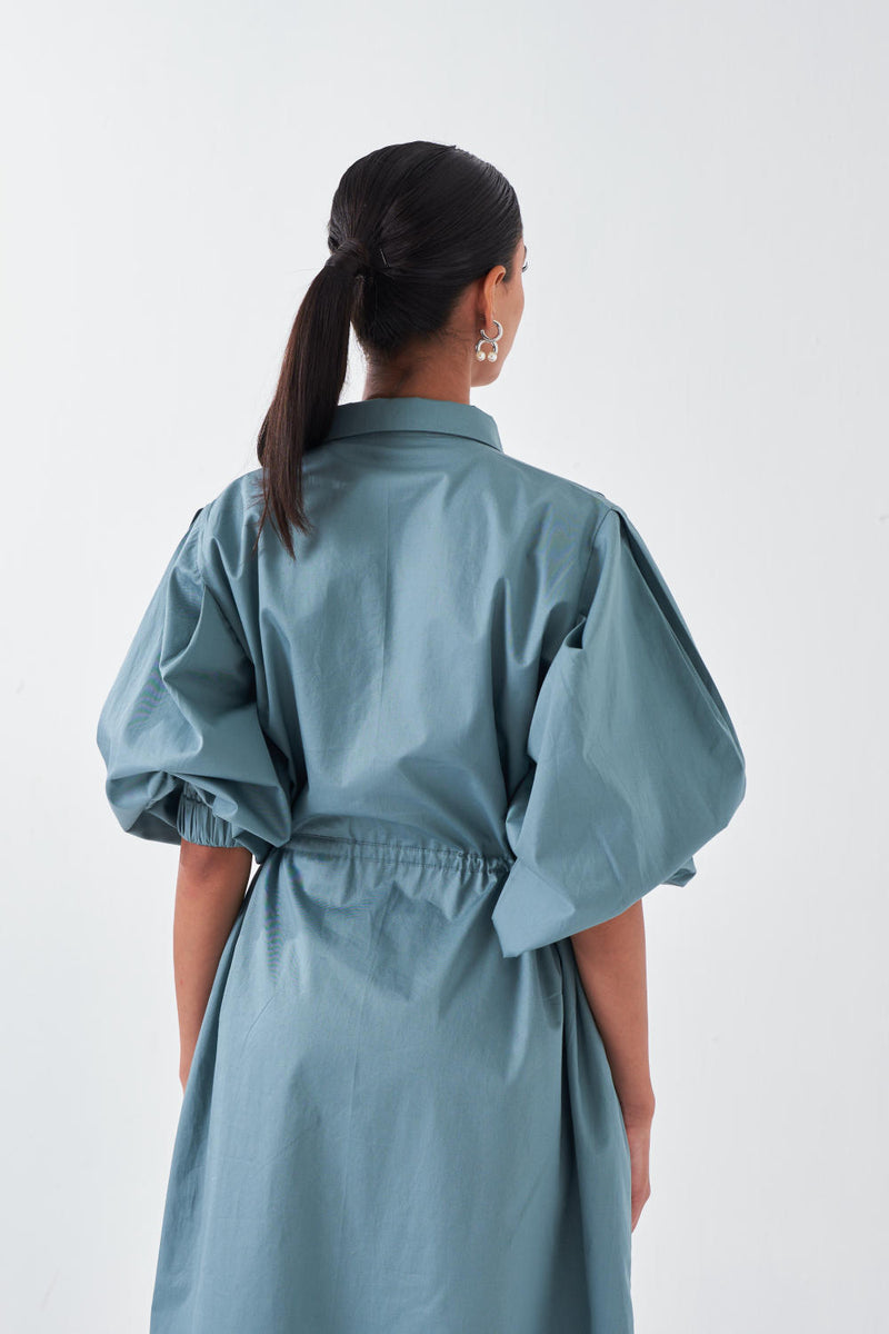 PANEL DRAWSTRING DRESS-NIAGRA BLUE poplin by THREE for women in Singapore