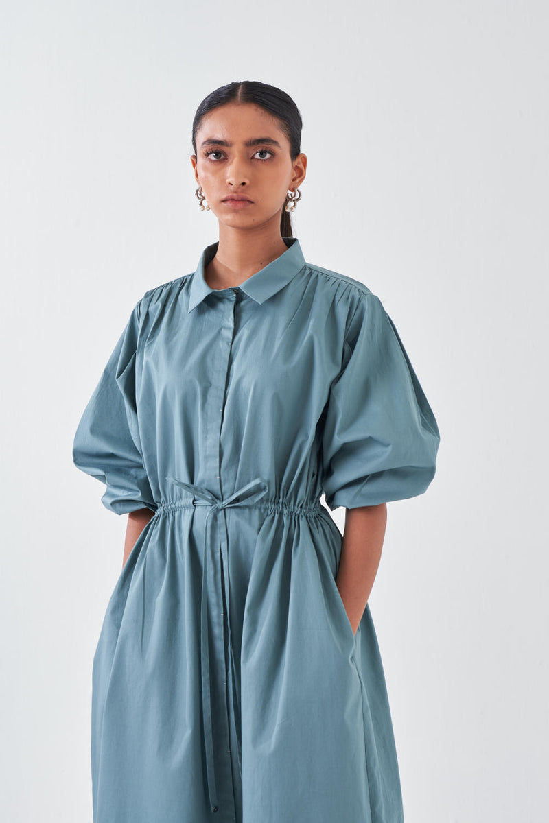 PANEL DRAWSTRING DRESS-NIAGRA BLUE poplin by THREE for women in Singapore