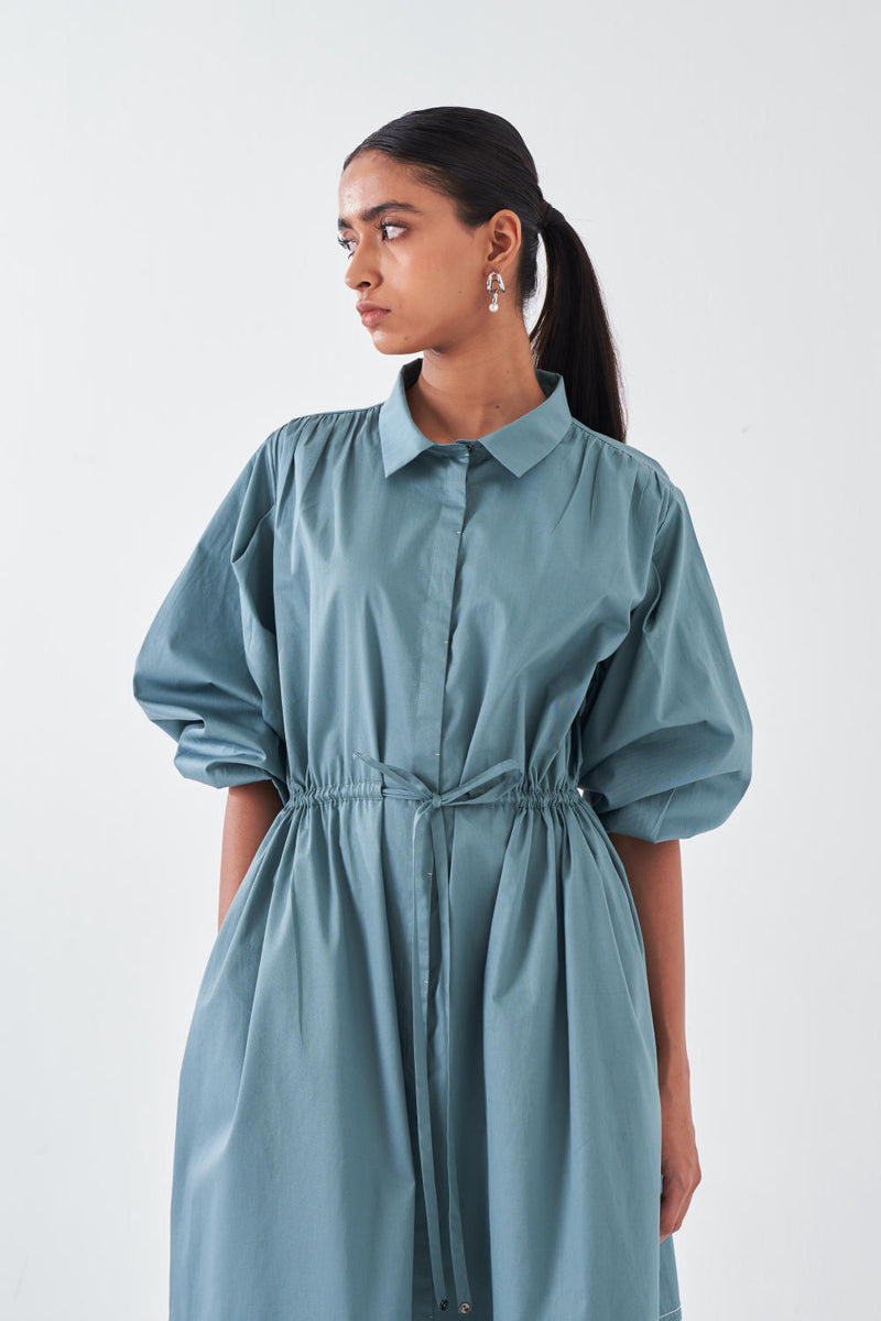 PANEL DRAWSTRING DRESS-NIAGRA BLUE poplin by THREE for women in Singapore