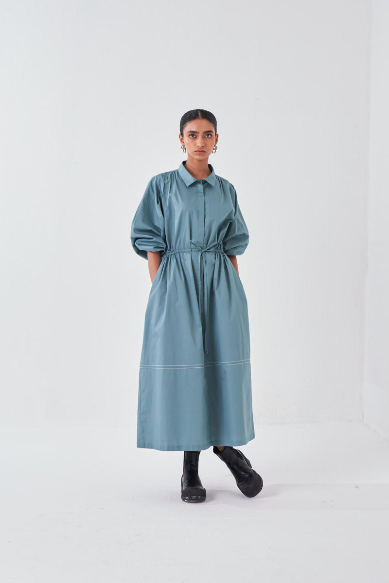 PANEL DRAWSTRING DRESS-NIAGRA BLUE poplin by THREE for women in Singapore