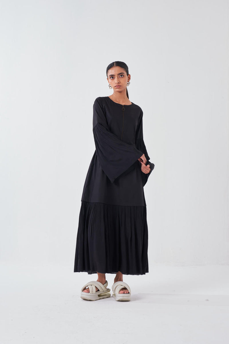 FRILL SLEEVE DROP WAIST DRESS -BLACK poplin by THREE for women in Singapore