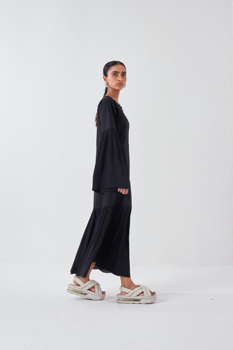 FRILL SLEEVE DROP WAIST DRESS -BLACK poplin by THREE for women in Singapore