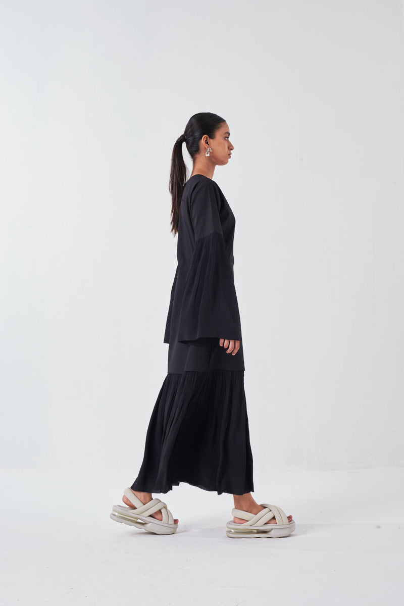 FRILL SLEEVE DROP WAIST DRESS -BLACK poplin by THREE for women in Singapore