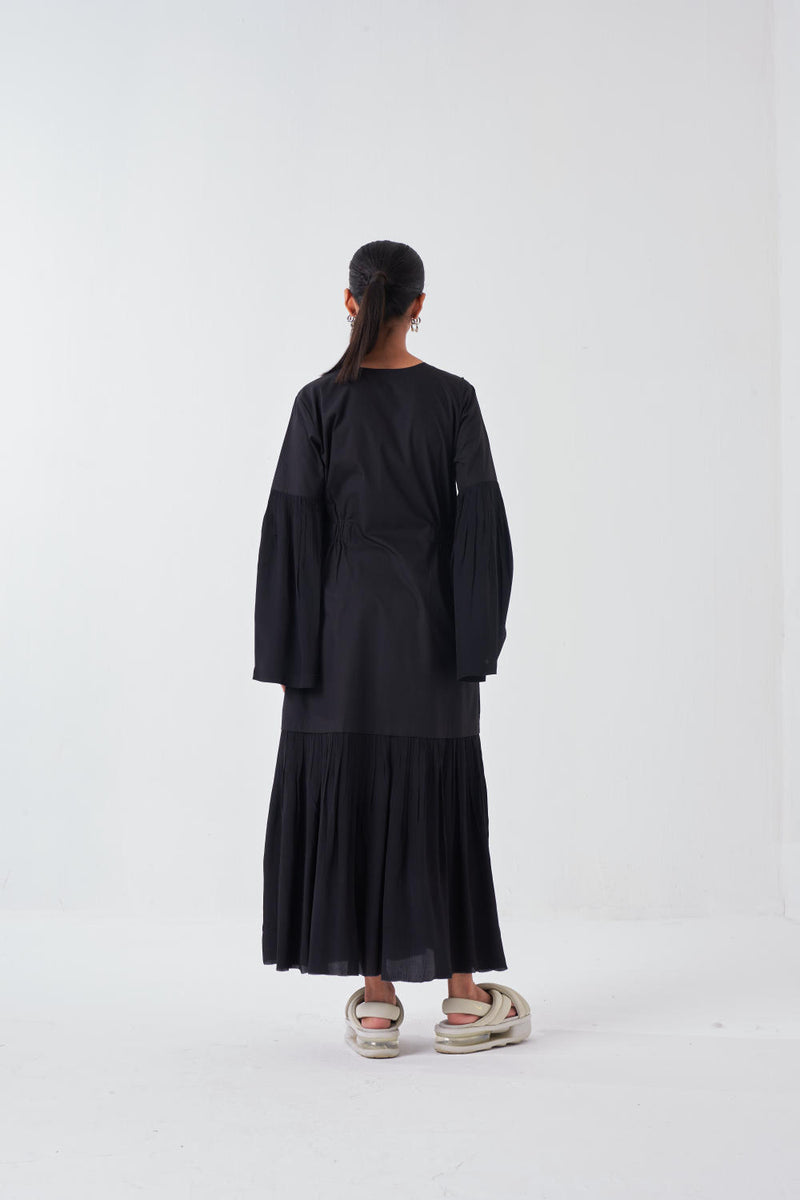 FRILL SLEEVE DROP WAIST DRESS -BLACK poplin by THREE for women in Singapore