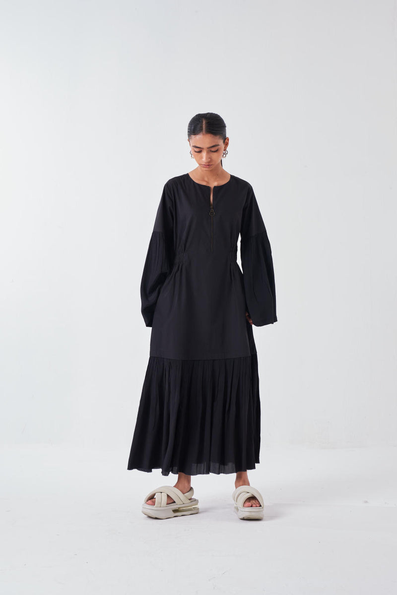 FRILL SLEEVE DROP WAIST DRESS -BLACK poplin by THREE for women in Singapore