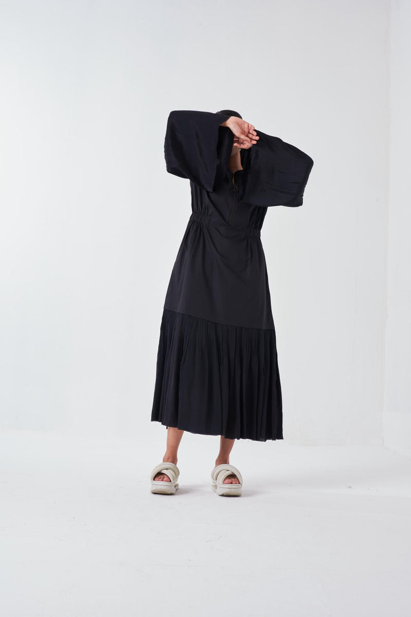 FRILL SLEEVE DROP WAIST DRESS -BLACK poplin by THREE for women in Singapore
