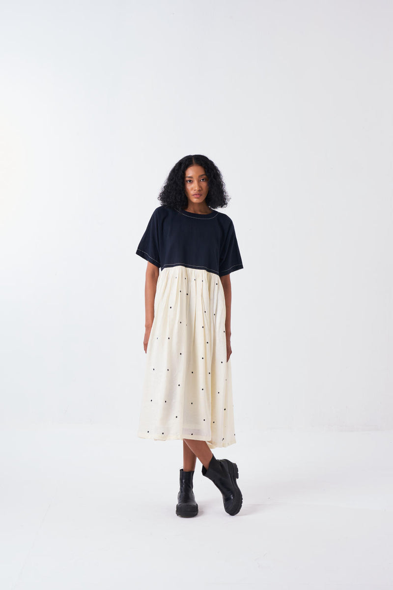 YOKE GATHER DRESS -BLACK/IVORY silk by THREE for women in Singapore