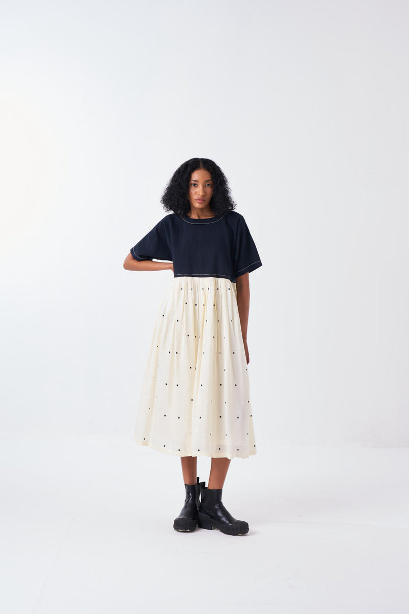 YOKE GATHER DRESS -BLACK/IVORY silk by THREE for women in Singapore