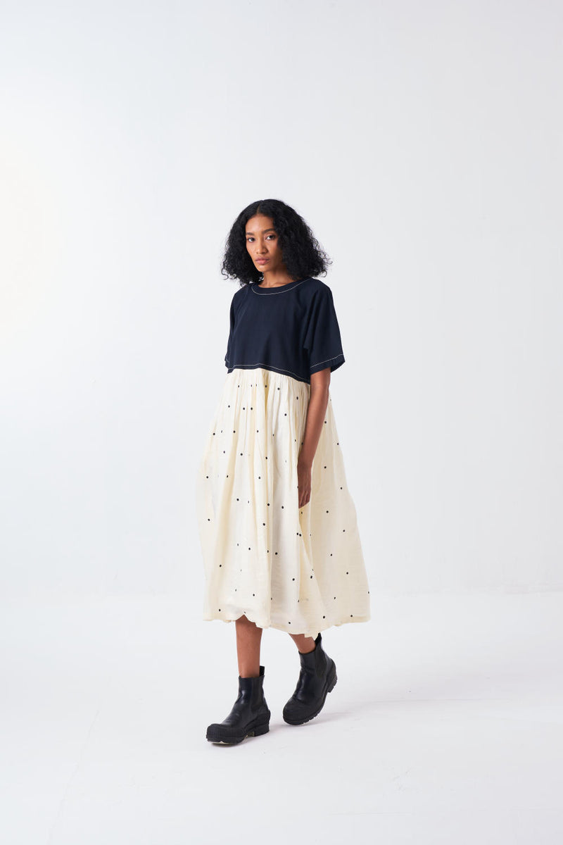YOKE GATHER DRESS -BLACK/IVORY silk by THREE for women in Singapore