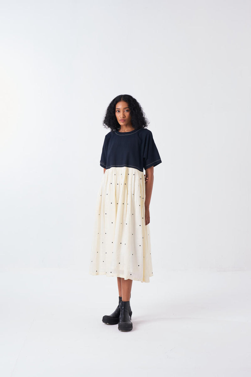 YOKE GATHER DRESS -BLACK/IVORY silk by THREE for women in Singapore