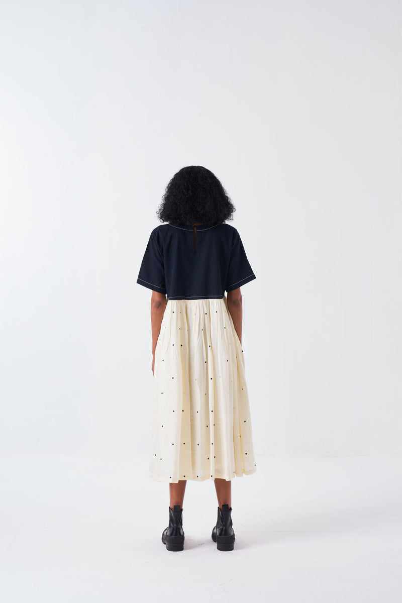 YOKE GATHER DRESS -BLACK/IVORY silk by THREE for women in Singapore