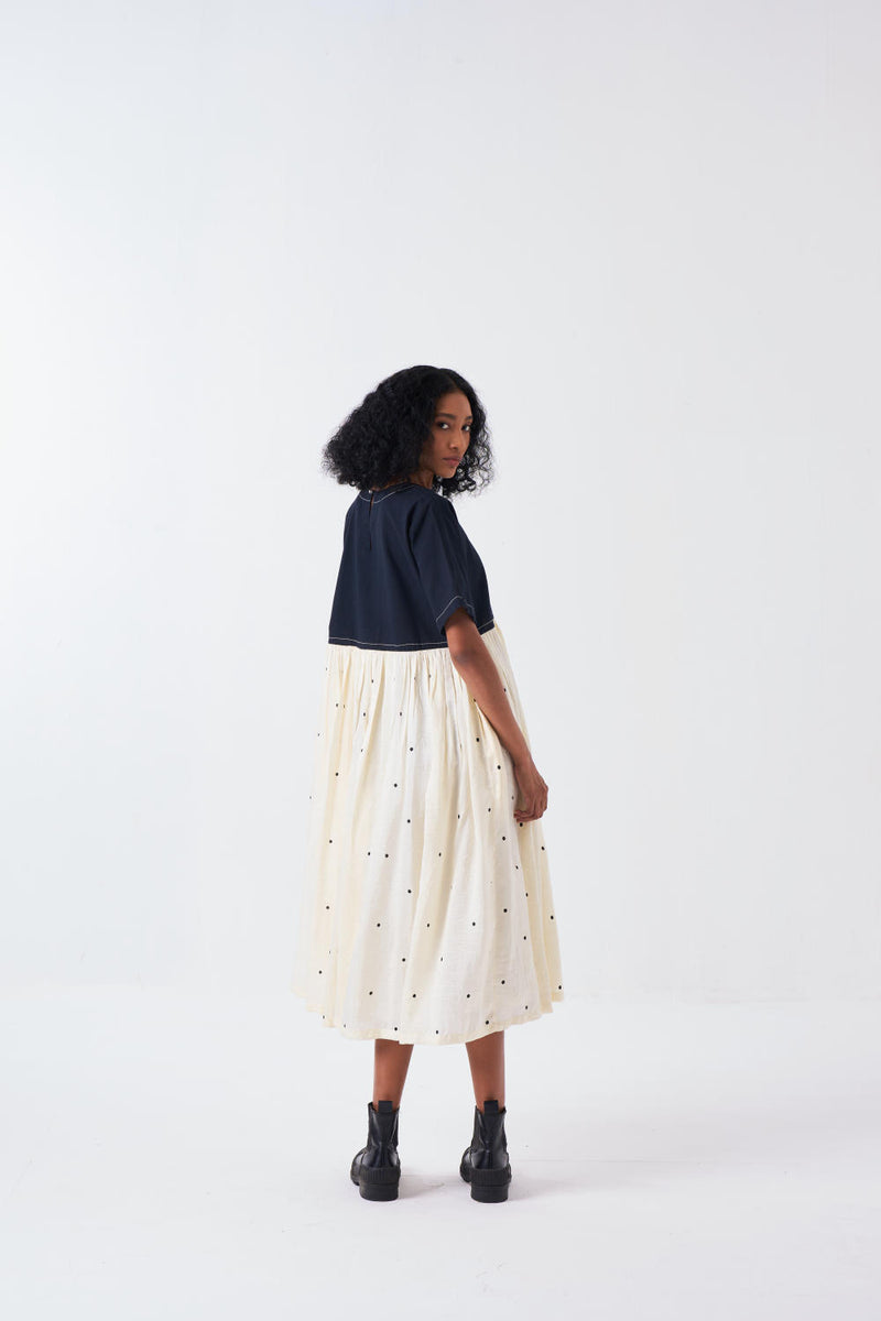 YOKE GATHER DRESS -BLACK/IVORY silk by THREE for women in Singapore