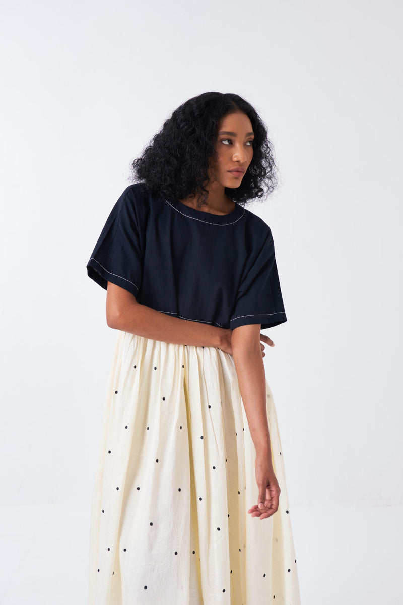 YOKE GATHER DRESS -BLACK/IVORY silk by THREE for women in Singapore
