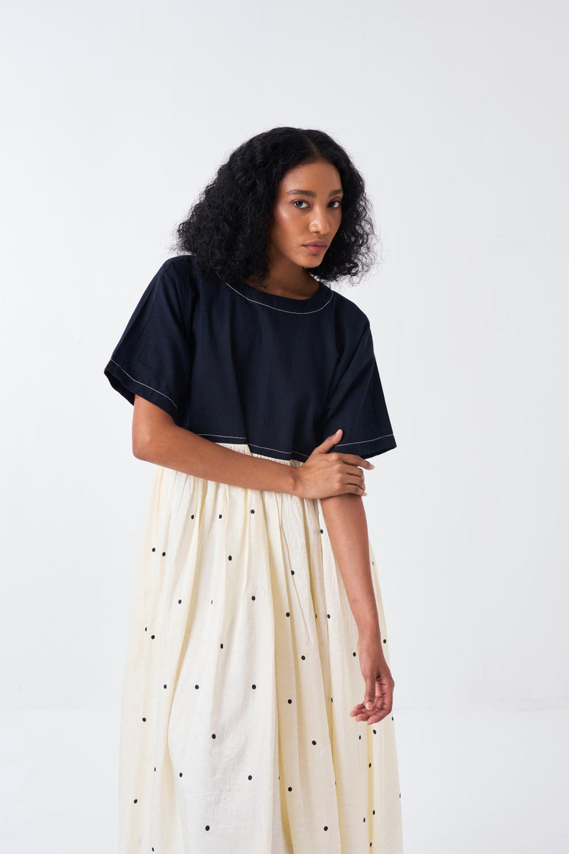 YOKE GATHER DRESS -BLACK/IVORY silk by THREE for women in Singapore