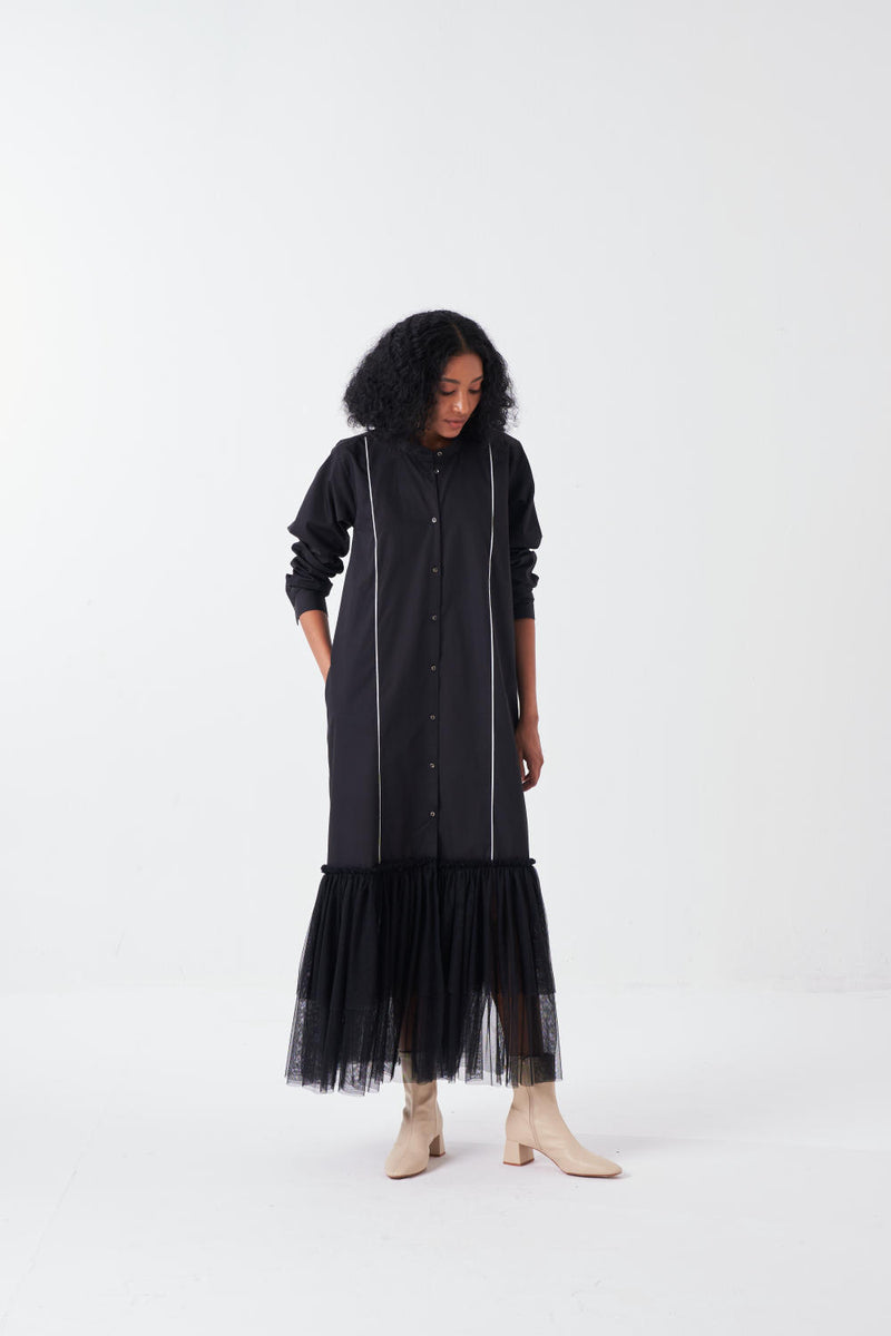 BOTTOM FRILL DRESS-BLACK poplin by THREE for women in Singapore