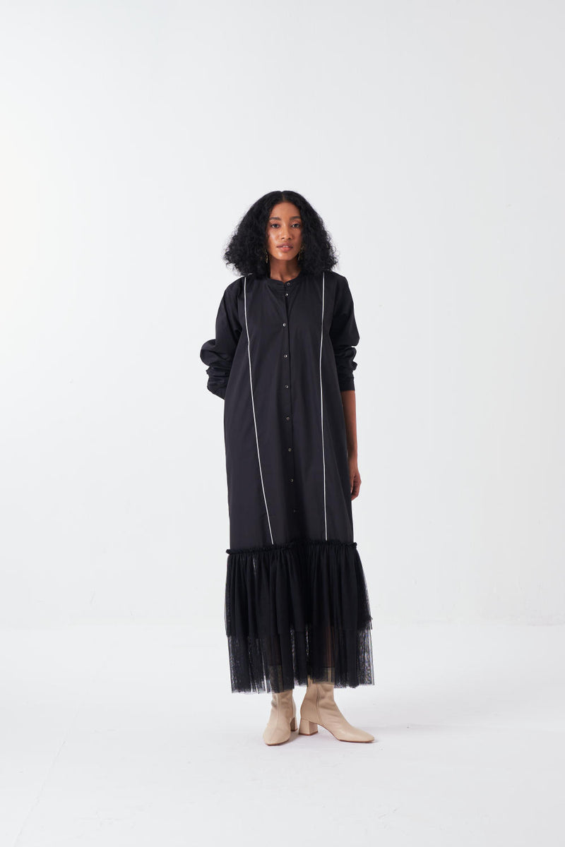 BOTTOM FRILL DRESS-BLACK poplin by THREE for women in Singapore
