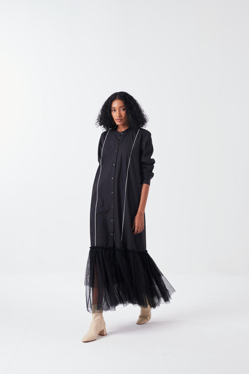 BOTTOM FRILL DRESS-BLACK poplin by THREE for women in Singapore