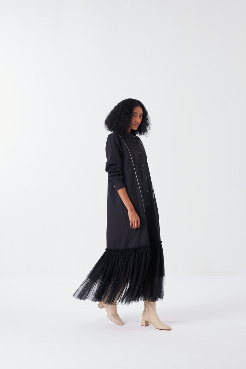 BOTTOM FRILL DRESS-BLACK poplin by THREE for women in Singapore