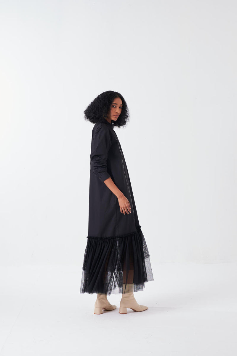 BOTTOM FRILL DRESS-BLACK poplin by THREE for women in Singapore