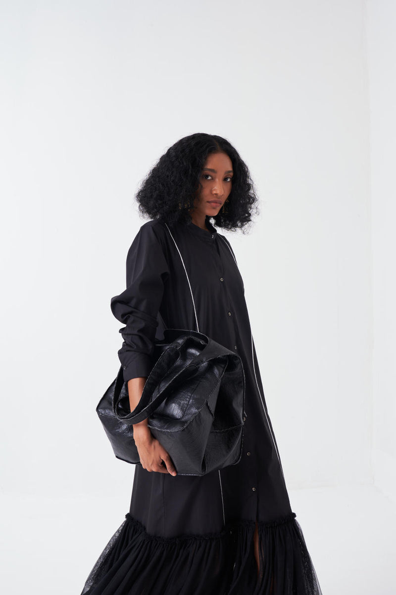 BOTTOM FRILL DRESS-BLACK poplin by THREE for women in Singapore
