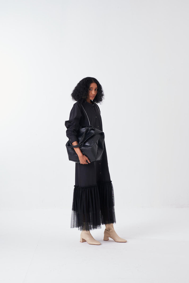 BOTTOM FRILL DRESS-BLACK poplin by THREE for women in Singapore