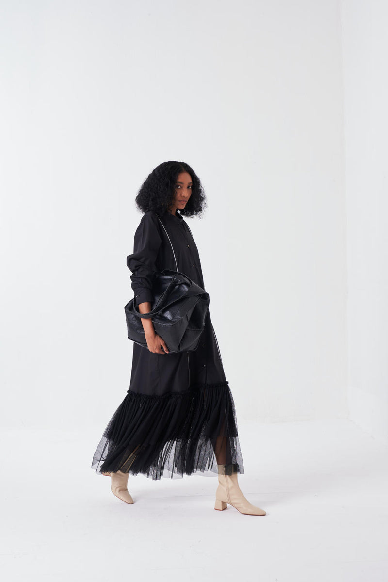 BOTTOM FRILL DRESS-BLACK poplin by THREE for women in Singapore