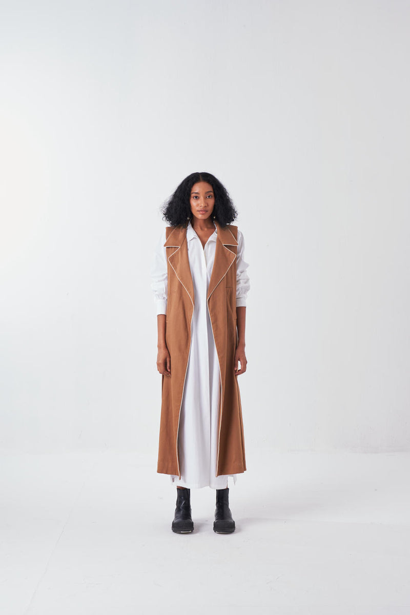 SLEEVELESS JACKET-SAND poplin by THREE for women in Singapore