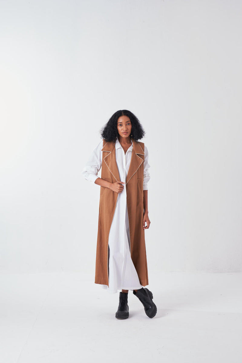 SLEEVELESS JACKET CO-ORD-SAND & WHITE (SET OF 2) poplin by THREE for women in Singapore