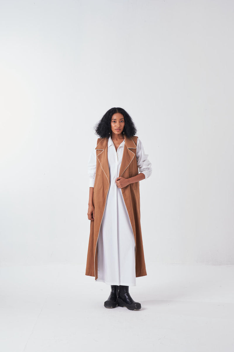 SLEEVELESS JACKET-SAND poplin by THREE for women in Singapore
