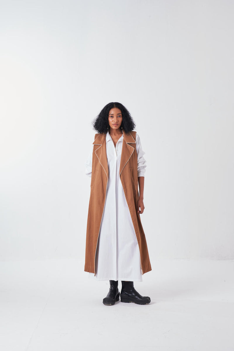 SLEEVELESS JACKET CO-ORD-SAND & WHITE (SET OF 2) poplin by THREE for women in Singapore