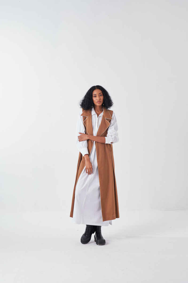 SLEEVELESS JACKET-SAND poplin by THREE for women in Singapore