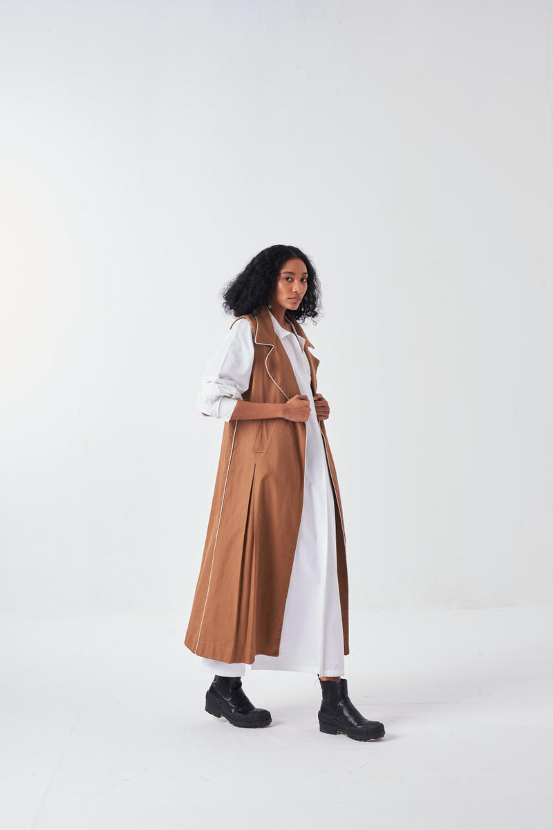 SLEEVELESS JACKET-SAND poplin by THREE for women in Singapore