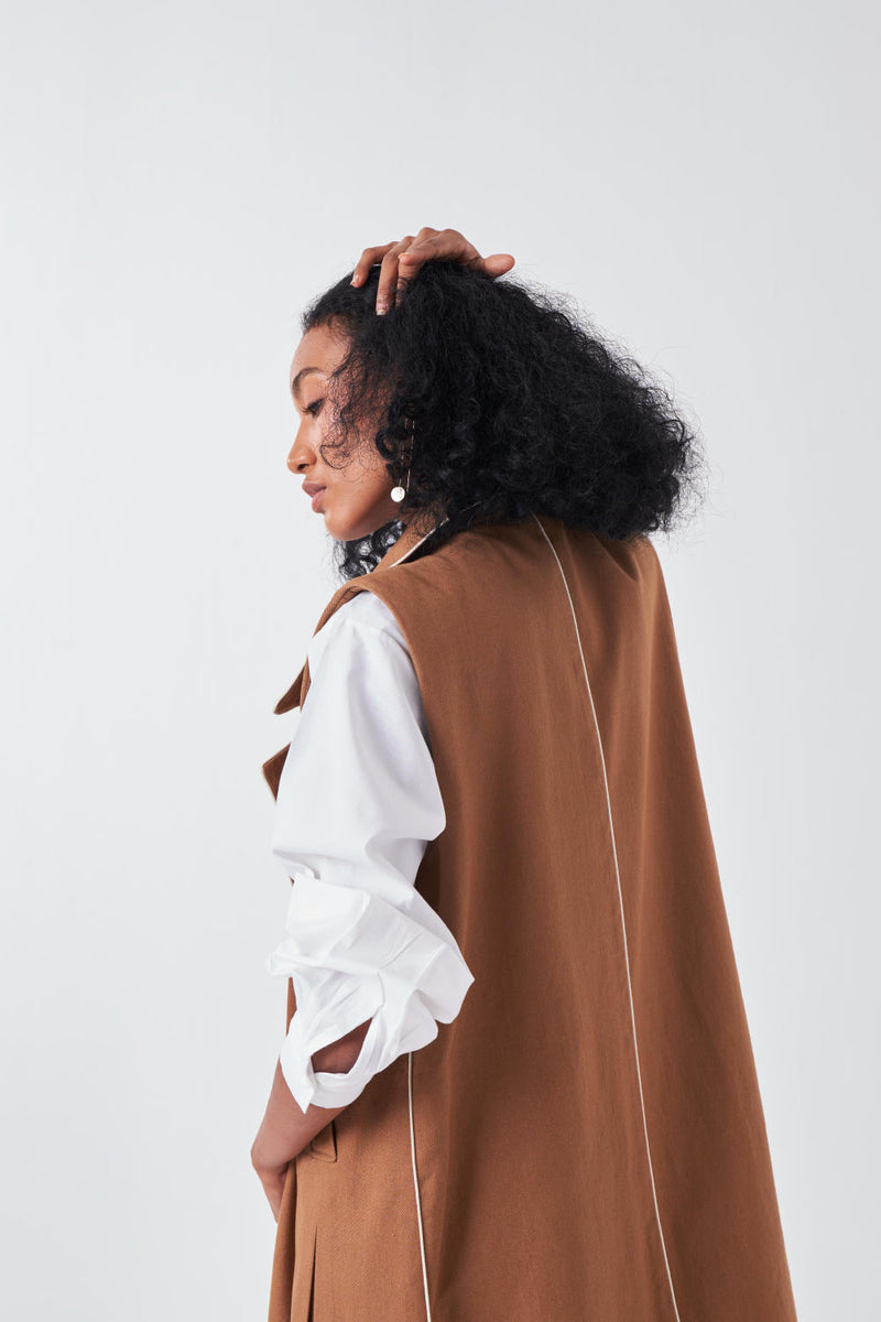SLEEVELESS JACKET-SAND poplin by THREE for women in Singapore