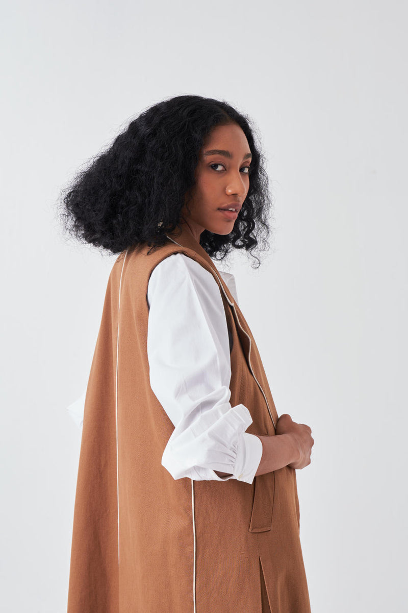 SLEEVELESS JACKET-SAND poplin by THREE for women in Singapore