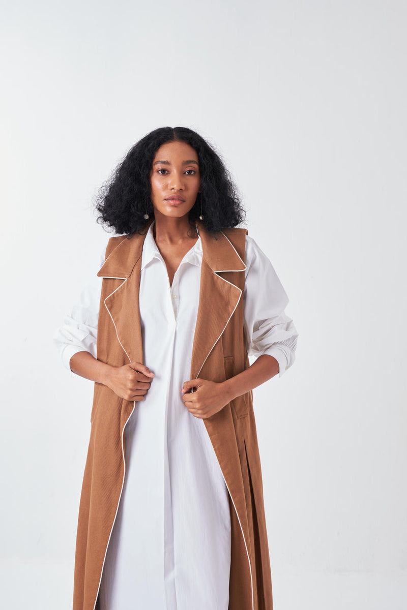 SLEEVELESS JACKET-SAND poplin by THREE for women in Singapore