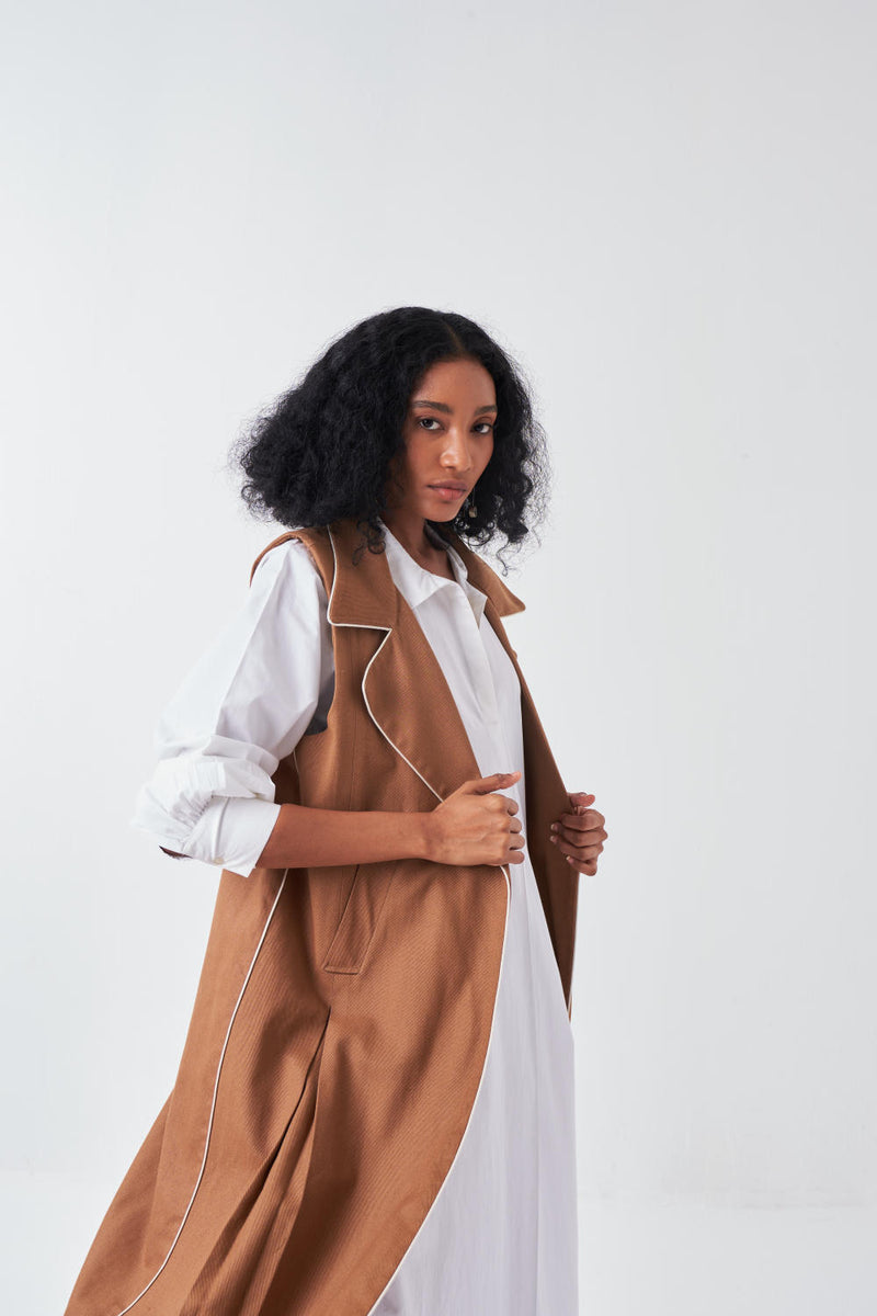 SLEEVELESS JACKET-SAND poplin by THREE for women in Singapore