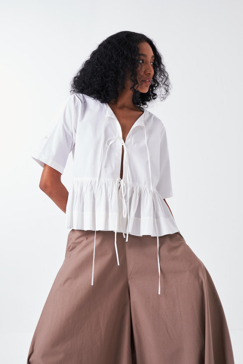 FRONT TIE TOP-WHITE poplin by THREE for women in Singapore