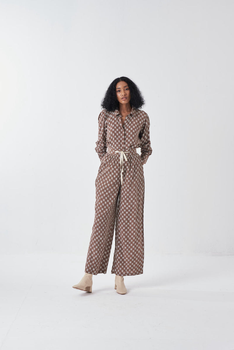 DRAWSTRING BOTTOM-BRICK PRINT-CEDAR poplin by THREE for women in Singapore