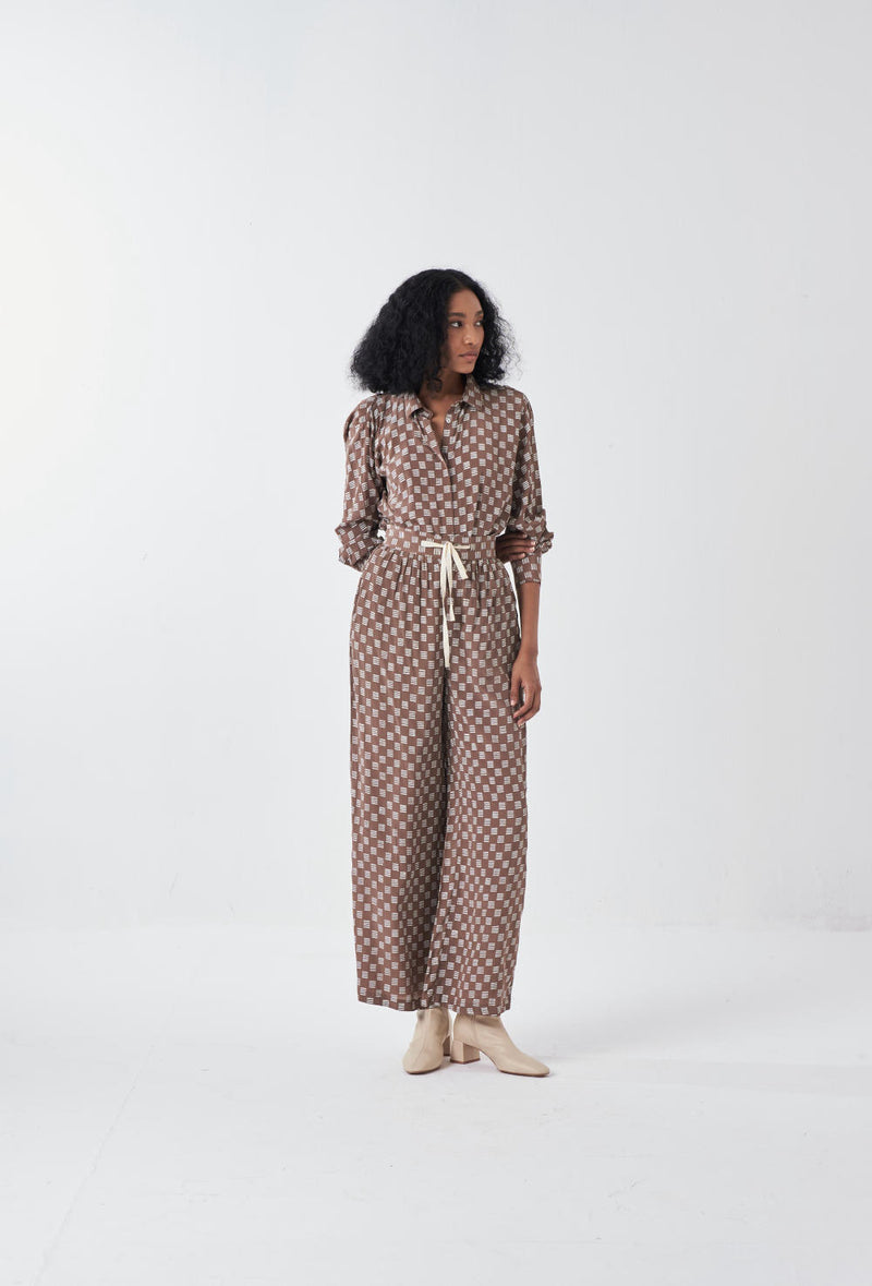 DRAWSTRING BOTTOM-BRICK PRINT-CEDAR poplin by THREE for women in Singapore