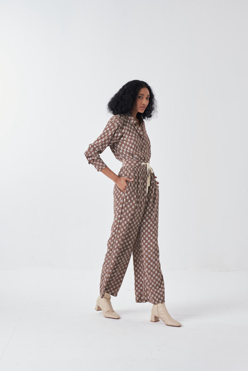DRAWSTRING BOTTOM-BRICK PRINT-CEDAR poplin by THREE for women in Singapore
