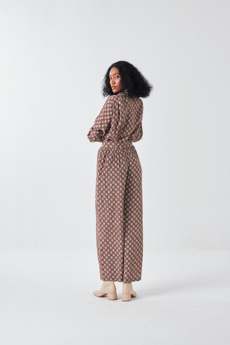 DRAWSTRING BOTTOM-BRICK PRINT-CEDAR poplin by THREE for women in Singapore