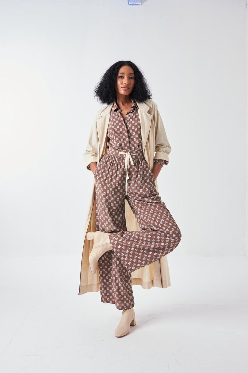 DRAWSTRING BOTTOM-BRICK PRINT-CEDAR poplin by THREE for women in Singapore