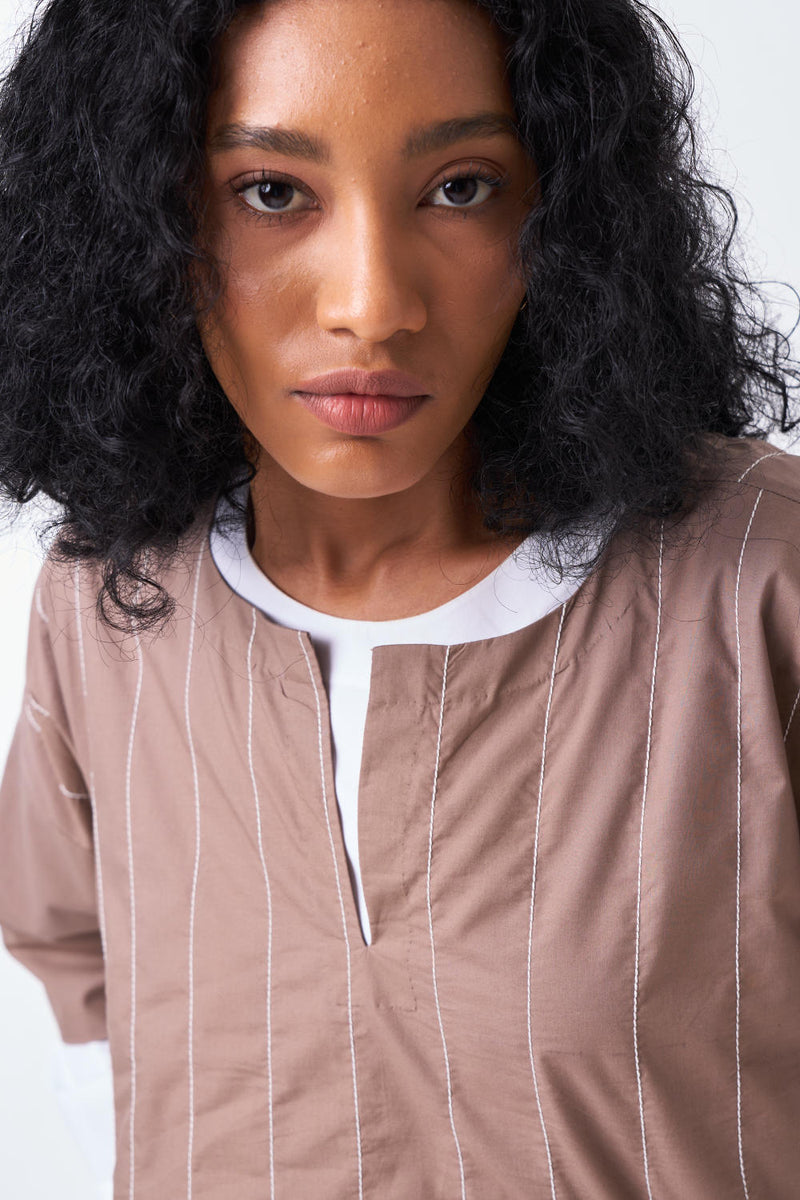 FRONT SLIT TUNIC CO-ORD-CEDAR & WHITE (SET OF 2) poplin by THREE for women in Singapore