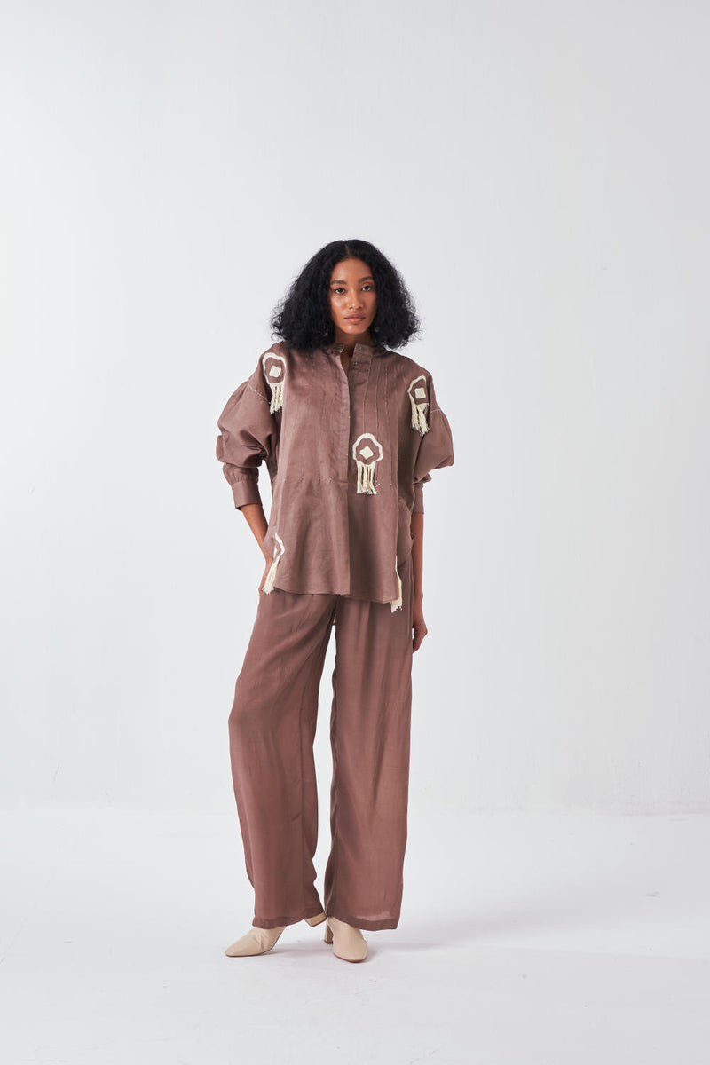 FRINGE PINTUCK BAT SLEEVE SHIRT-CEDAR poplin by THREE for women in Singapore